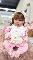 Bebê Reborn Jess Premium Realista 54 cm - Gordinha com 2 Dentinhos e Cabelo Implantado Fio a Fio - Enxoval Completo